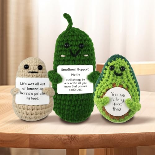 Funny Positive Crochet Potato Emotional Support Gag Gifts with Positive Card, Knitted Cute Dolls for Friends, Parties, Birthdays, Christmas(Potatoes Pickle Avocado)