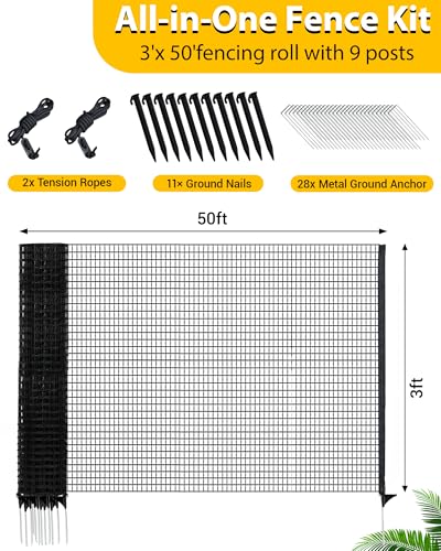 Image of Temporary Fence with Posts, 3'x50' Plastic Fencing Garden Fence Animals Barrier with Fiberglass Stake Windbreak Rope, Portable Snow Fences, Fencing for Dogs Outdoors Backyard (Black)