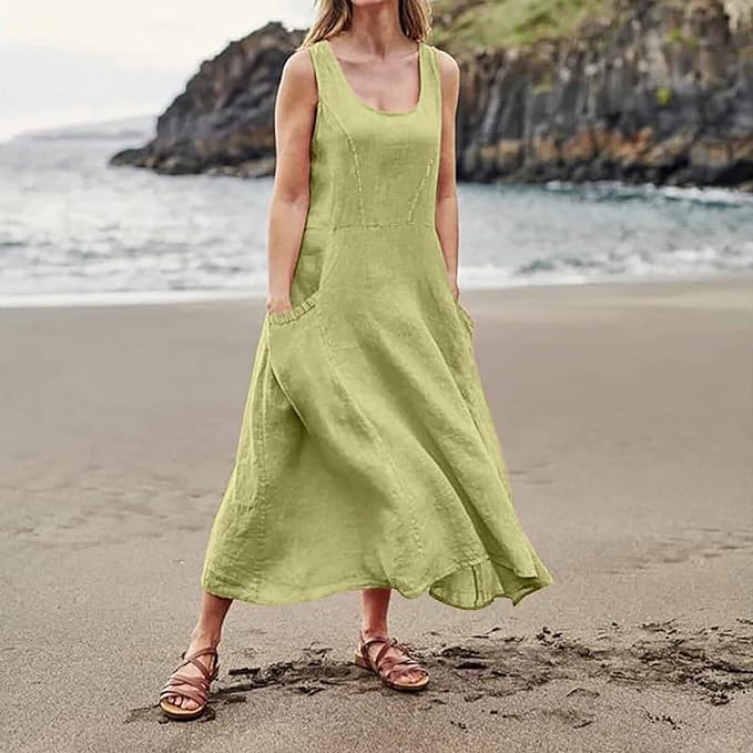 Image of Apvirdy Linen Dress for Women Summer Sleeveless Solid Casual Baggy Flowy Maxi Dresses with Pockets