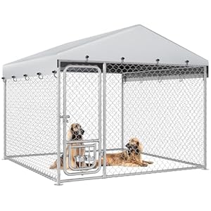 YITAHOME Outdoor Dog Kennel with Rotating Feeder Bowls, 7.5’x7.5′ Outdoor Dog Enclosure with Roof, Heavy Duty Dog Cage for Medium Large Dogs