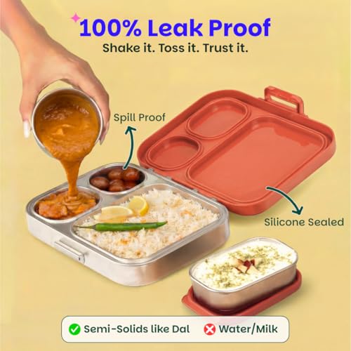 Image of Basil Bento Box Quad Plus - 4 Compartment Stainless Steel Lunch Box (1020ml) with BPA-Free Lid | Leak-Proof Tiffin for Kids & Adults | Premium Lunch Box for School, Office & Picnic - Jaipur Jaali