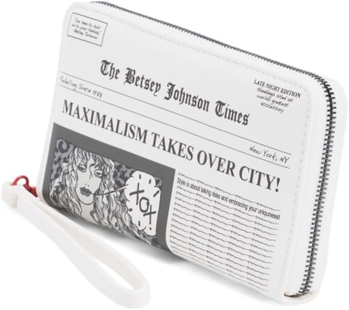 Betsey Johnson Newspaper Print Wristlet Wallet, White, 8.25 x 5 Inches, Zip Around Closure with 12 Card Slots - Image 3