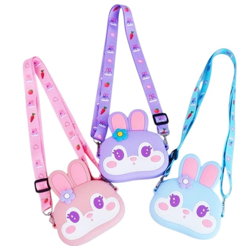 Bolsa Infantil com Alça Ajustável, Design de Urso e Coelho, Estilo Donut, Rosa e Azul Pastel