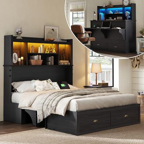AMERLIFE Queen Murphy Bed with Bookcase Headboard & LED Light, Farmhouse Cabinet Bed with Storage...