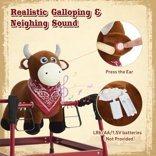 Image of FUNLIO Bull Spring Rocking Horse for Kids 3-6, Wild Ride on Horse with Covered Spring & Sturdy Frame, Neighing & Galloping Sound for Pretend Play, Spring Horse Toys Gift, CPC & CE Certified