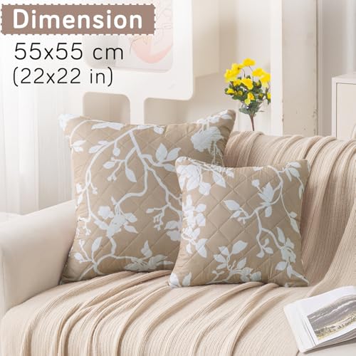Image of HOKIPO 'Elira Series' Printed Quilted Cushion Cover for Sofa 22x22 Inches, Set of 2, Buff Brown Sillehoute Floral (AR-6232-C7*2)