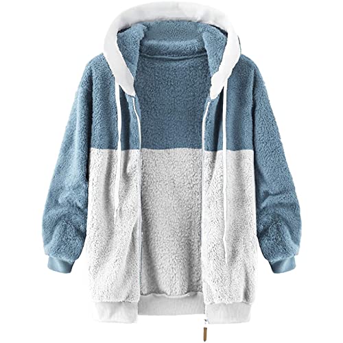 Fuzzy Fleece Jackets for Women Plus Size Hoodies Fall Winter Coats Color Block Patchwork Cardigan Coat with Pockets