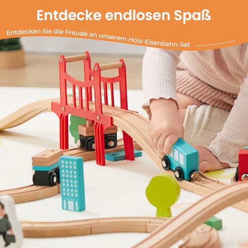 Tiny Land 39 Pcs Holzeisenbahn und Züge Pack Eisenbahn Anfängerset Kompatibel mit Thomas Passend für Eichhorn Zugset Kleinkinderspielzeug empfohlen ab 3 Jahren