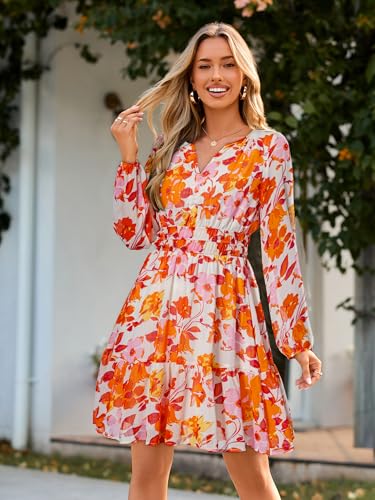 Image of Simplee Womens Spring Floral Mini Dress Long Sleeve Boho Chiffon Short Dress Casual Flowy Fall Wedding Guest Dresses