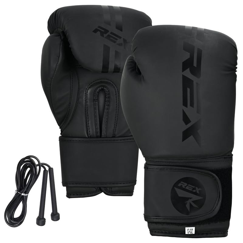 REX Sports Boxing gloves with Free Skipping Rope Muay Thai Pad gloves Sparring gloves MMA and Kick Boxing 02-08 OZ for Kids and 10-16 OZ for Adults (Matte Black, 10 OZ)