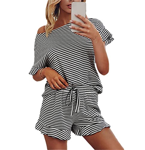 Mini short ample taille haute et t-shirt ensemble d'été femme vêtement décontracté rayé blanc noir S