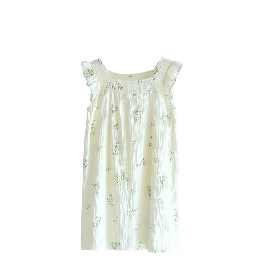 Camisón Para Mujer - Ropa De Dormir De Verano Para Mujer, Vestido Con Tirantes De Crepé De Algodón, Vestido Bonito Sin Mangas Con Borde De Oreja De Madera, Camisón De Talla Grande Para El Hogar
