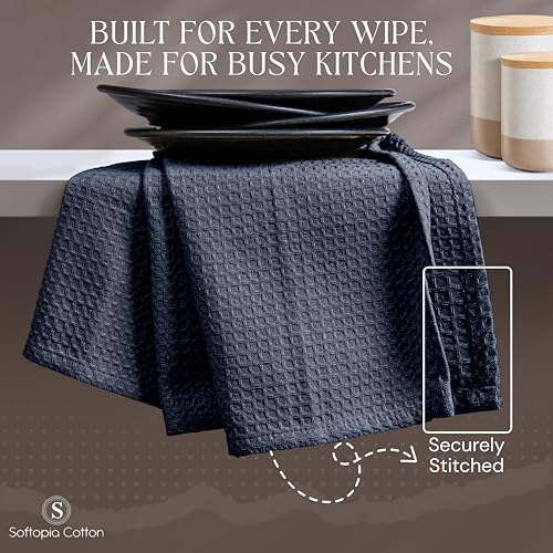 Image of Navy Waffle Kitchen Dish Towels, 100% Cotton, Quick Dry, Super Absorbent, Soft, Lint-Free, 16x26 Inches - Ideal for Dish Drying, Tea, Cleaning, and Everyday Use, 4 Pack, Navy Blue