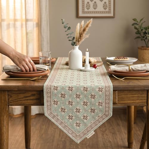Image of Premium Dining Table Runner | Washable Farmhouse Style Heat Resistant Table Cover for 4 & 6 Seater | Elegant Home & Coffee Table Decor | Soft Viscose Rayon & Cotton | 13x72 Inch | Pista