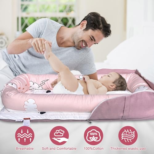 Image of Baby Lounger, Foldable Portable Infant Lounger, Soft Breathable Baby Nest Cover, Suitable for 0-24 Months Newborn Baby Lounger,Home Travel Dual-Purpose Baby Nest (Pink R)