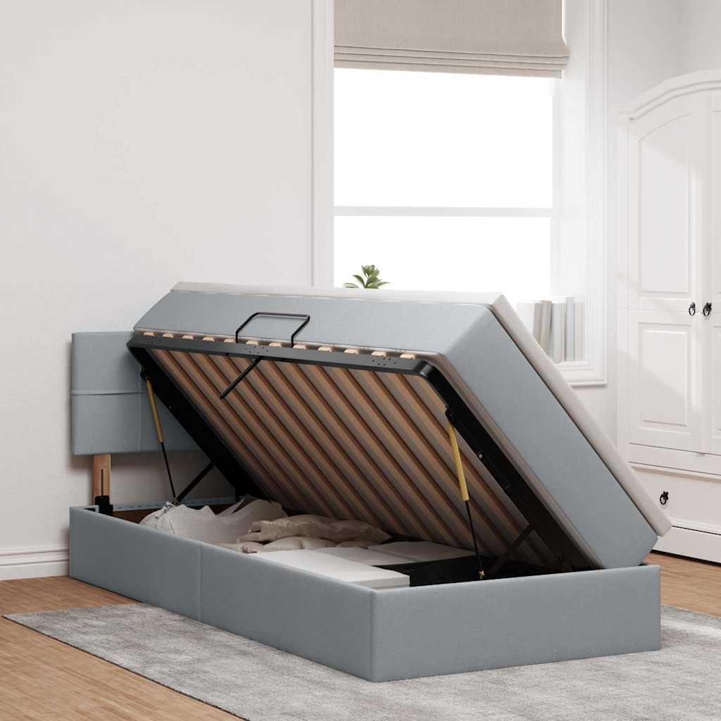 Cama de almacenamiento gris claro 100 x 200 cm con colchón, cabecero y clift hidráulico, cama individual moderna para dormitorio, material de madera y estructura de metal
