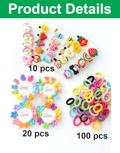 Image of Saavi 130 Pcs combo Baby Hair Accessories 10 pcs Cute Fruit Cartoon Hair Clips 20pcs Mini Hair Claw Clip 100pcs Baby Hair Ties for Girls and Kids Hair Pin for Kids & Small Girls (Random Designs)