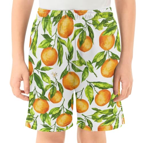 CHIFIGNO Oranges Green Leaves White Boys Baseball Shorts Wide-Leg Boys Cool Shorts for Summer Outings with Pockets XS2
