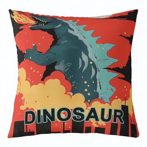 Dinosaur Pillow Cover Orange Yellow Fire Black Buildings Silhouette Cushion Cover for Kids Boys Girls Watercolor Cartoon Wild Animal Japanese Style Cushion Case for Sofa 24x24 Inch