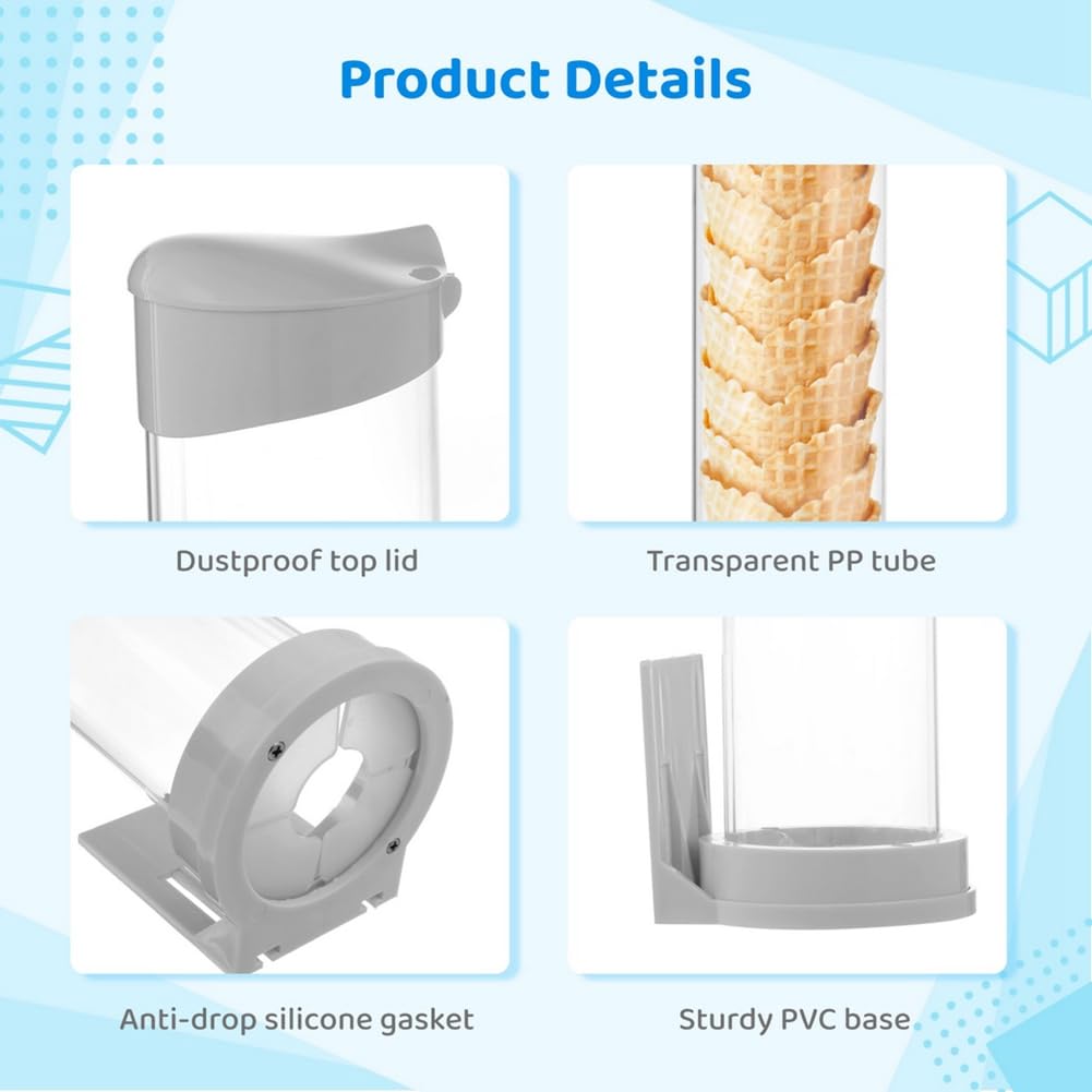 Dispensador de Conos de Helado, Soporte para Conos de Waffle, Tubo de Plástico para Almacenar Conos de Waffle con Placa Magnética y Placa Adhesiva.