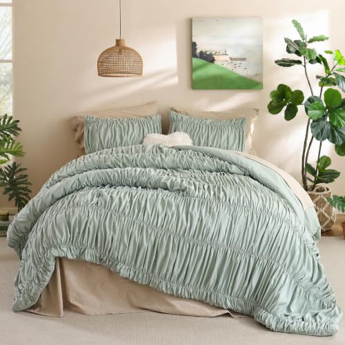 Image of weigelia Ruched Comforter Set Full Size, 3 Piece Sage Green Ruffle Bedding Comforter Set with 2 Pillowcases, Soft Lightweight Polyester Comforter for Girls Room, Dorm, Guest Room, Boho Bed Set