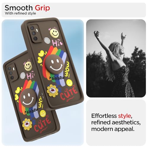 Image of Pikkme Back Cover for Oppo A53 | Soft Silicone| Cute Rainbow Smile & 3D Cartoon Flower Design | Shockproof Raised Camera Protection Bumper Case (Brown)