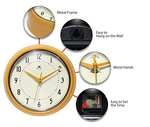 Infinity Instruments Ltd. Retro 9 Inch Silent Sweep Non-Ticking Mid Century Modern Kitchen Diner Wall Clock Quartz Movement Retro Wall Clock Decorative (Saffron Yellow) #TOP4