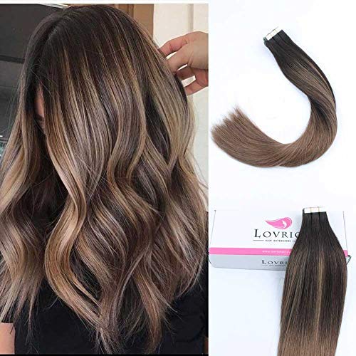 Lovrio 14" 20pcs 50g Tape in Hair Extensions Human Hair Balayage Colored Dark Brown Fading to Chestnut Brown Straight Hair Seamless Skin Weft