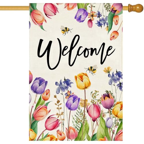 Baccessor Spring Summer Easter Tulip Welcome House Flag Double Sided Bee Colorful Floral Burlap Yard House Seasonal Farmhouse Outside Outdoor Decoration 28 x 40 Inchlarge