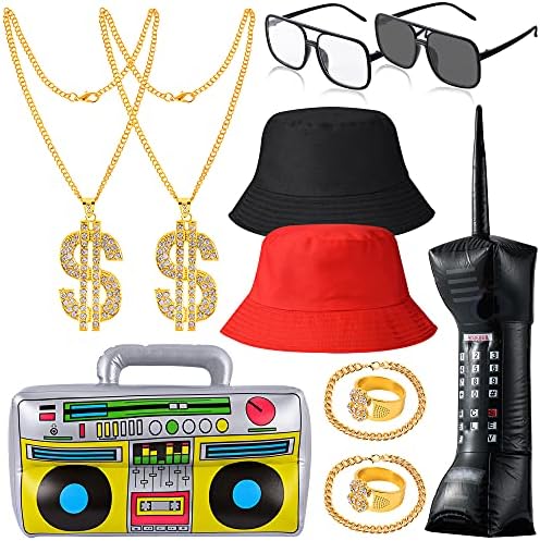 YAROMO 12 Pieces 80s/90s Rapper Accessories, 80s 90s Party Decorations Hip Hop Costume Kit Includes Inflatable Mobile Phone Props Boom Box Bucket Hat Sunglasses Gold Chain Ring