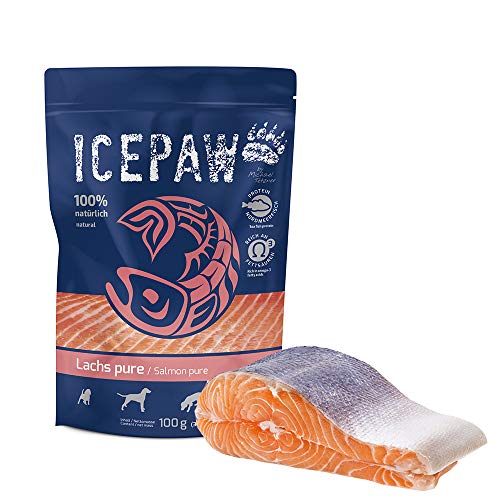 ICEPAW I Lachs Pure I 12 x 100 g I High Premium Feuchtfutter für Hunde mit Fisch I Lachs 100% I bei Futterunverträglichkeiten I besonders hohe Nährstoffdichte I hypoallergen I Pouchbeutel