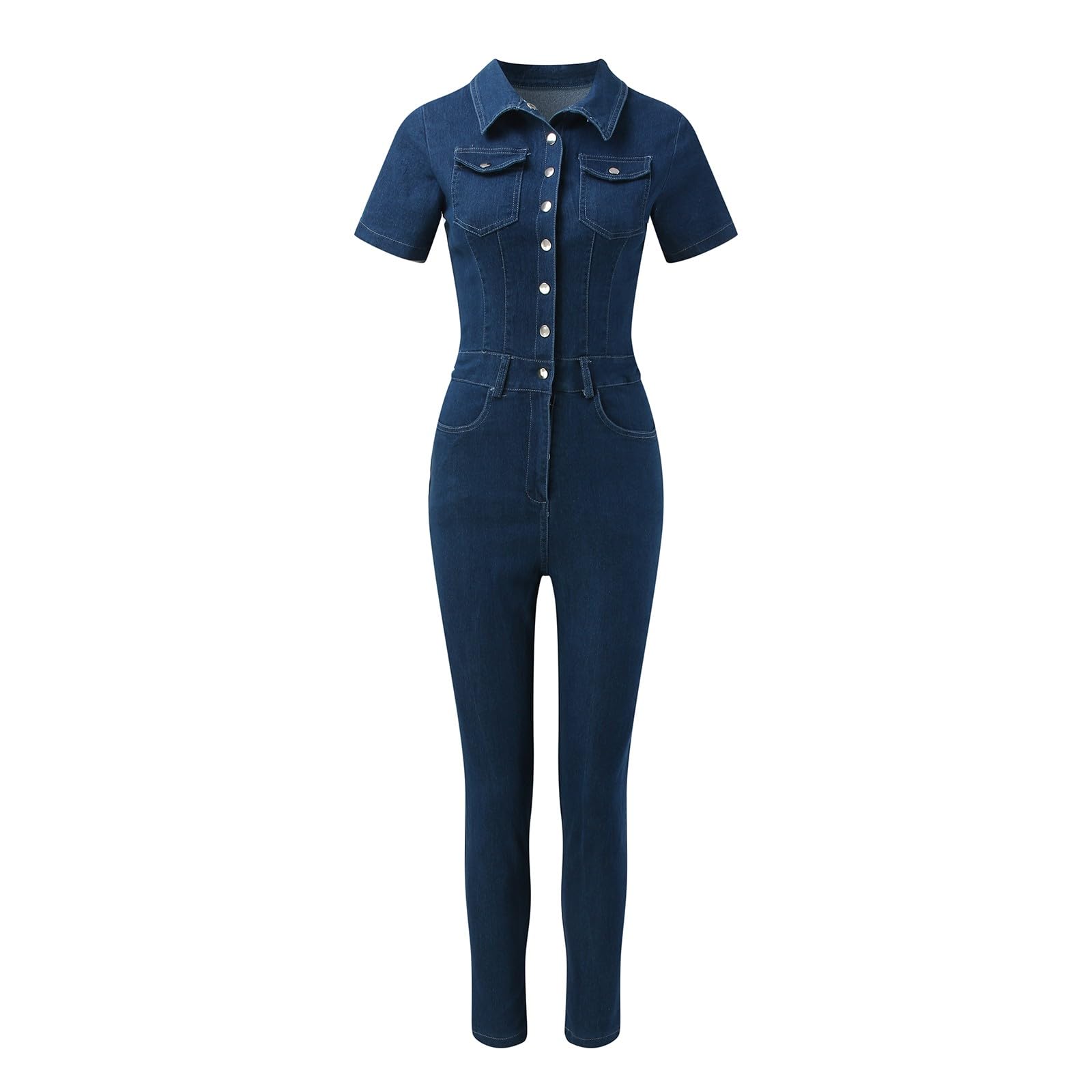 Genérico Mono Mujer Largo Vaquero Ajustado con Botones para Mujer, Mono Largo con Solapa, Pantalones Vaqueros de Longitud, Monos