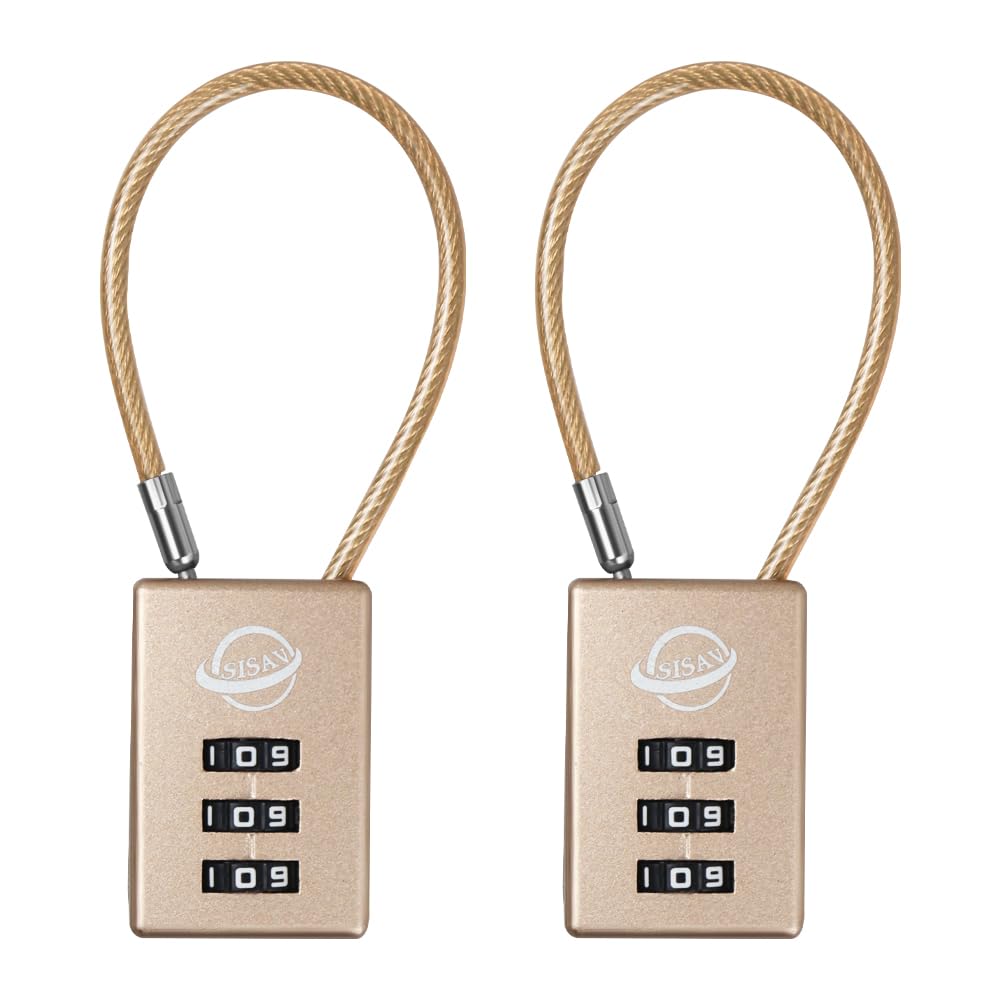 SISAV 3 Digit Cable Combination Lock 5 inches Cable for School Gym Locker,Filing Cabinets,Helmet,Toolbox,Luggage Suitcase,knapsack,Gold 2Pack