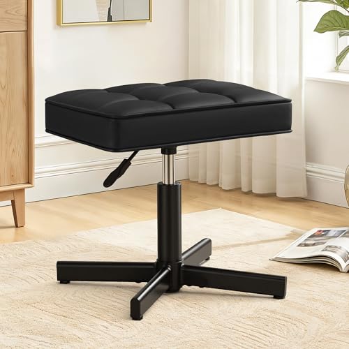 Image of LUE BONA Adjustable Vanity Stool, Foot Rest Under Desk, 360 Swivel Vanity Chair for Makeup Room, Black Upholstered Faux Leather Ottoman for Bathroom & Living Room, 300lbs