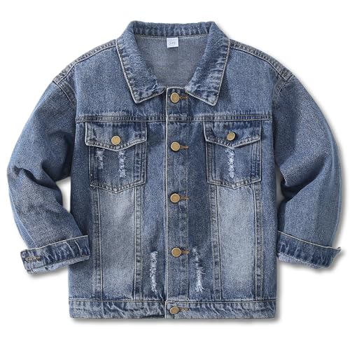 Jeansjacke Mädchen & Jungen 5-14J - Ripped Jeans Jacke Kinder Tops mit Streetstyle 7-8 Jahre, 122-128 Blau