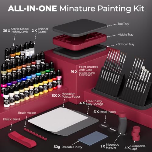 Image of Nicpro All-in-One Miniature Painting Kit, Including 36 Colors Model Paint, Wet Palette, 16PCS Detail Paint Brushes Drybrush with Bag, Magnetic Painting Handle, Sponges, Pallet Paper, Brush Holder