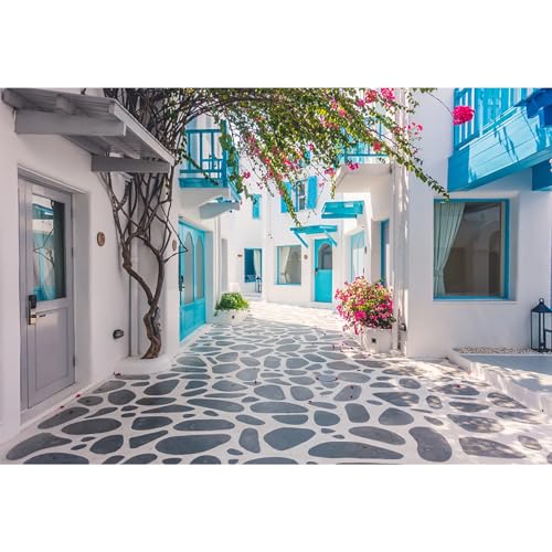 MIRRORANG 2,2x1,5m Greece Santorini Backdrop Blue Architecture Santorini Sreet Backdrop Wedding Honeymoon Decoration Bridal Shower Party Travel Event Background for Photography Vinyl