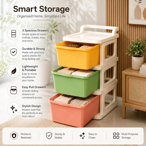 Image of Heavy Duty Plastic Storage Drawer with Wheels | Modular Cabinet for Bedroom, Office, Home or Classroom| Chest of Drawers Organiser for Cosmetics, Kitchen items, Toys (Multicolor, 3)