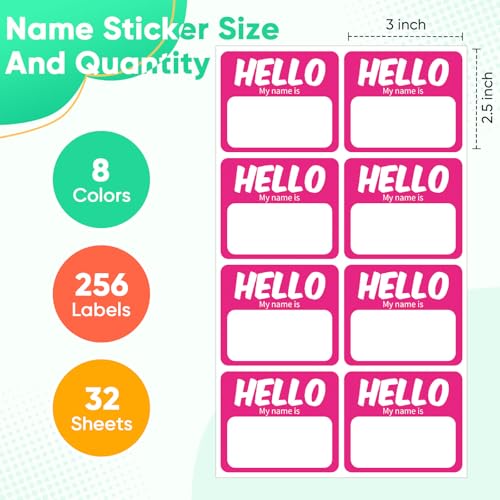 Image of Hello My Name is Stickers, 256 Pcs 8 Assorted Colors, 3 inch x 2.5 inch Self-Adhesive Name Tags for Kids, Students, Office Events, Classroom, Parties & Identity Identification