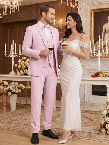 Image of WEEN CHARM Men's 3-Piece Slim Fit Suit Set-2-Button Blazer,Vest & Pants-Formal Wedding,Prom,Party & Business Tuxedo