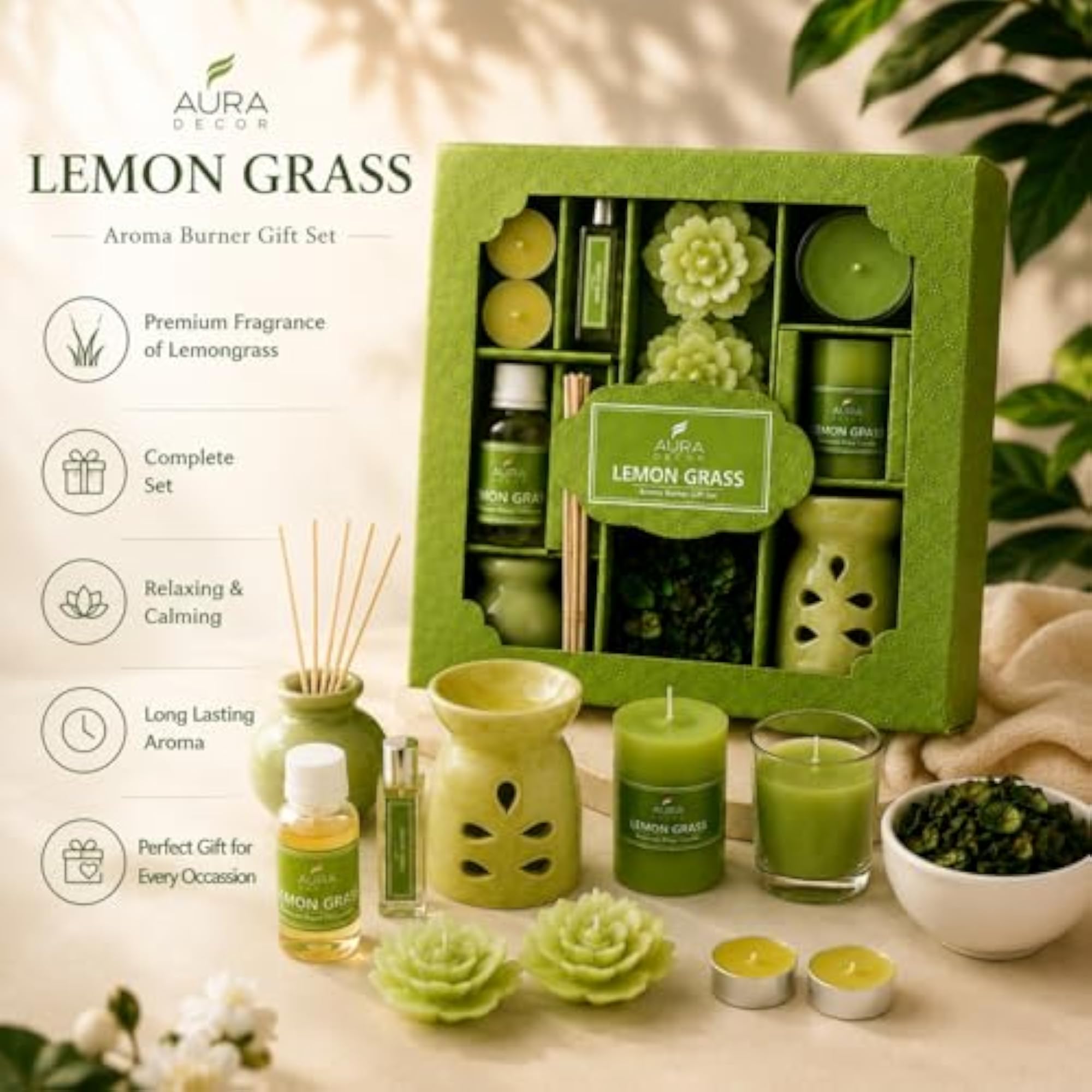 Lemongrass Aromatherapy Gift Set with Reed Diffuser and Candles
