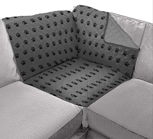 Sofa Shield Patented Sectional Slip Cover, Large Cushion Protector, Reversible Stain and Dog Tear Resistant Slipcover, Quilted Microfiber 30x30” Seat, Washable Covers for Dogs Pets Kids Paw Black Gray