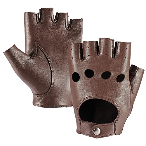 Image of Womens Fingerless Leather Driving Gloves Soft Sheepskin Half Finger Cycling Motorcycle Gloves Unlined