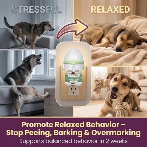 Image of Dog Calming Pheromone Diffuser Kit, Pet Diffuser for Stress Support, Reduces Stress and Promotes Relaxed Behavior, 2 Plug-in & 4 Packs Refill, 120 Day Supply (Non-Toxic, Safe & Inedible), with Light