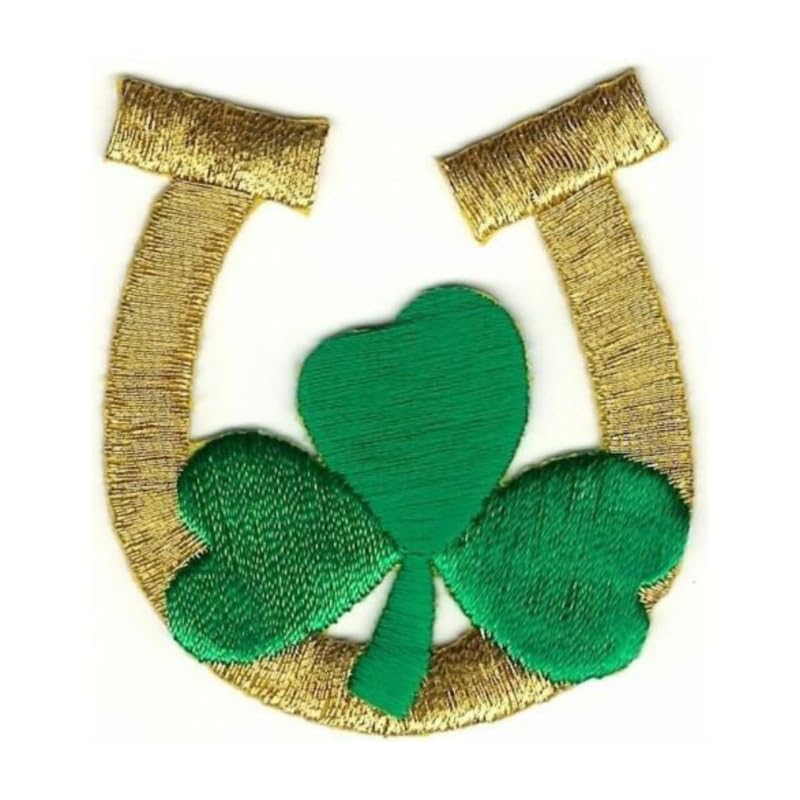 Irish Good Luck Lucky Gold Horseshoe Shamrock 3 Leaf Clover 2"" H Patch Cute Embroidered Iron on Patches, DIY Embroidery Applique Patch for Clothing, Jean, Hat, Jacket, Backpack, Shoes