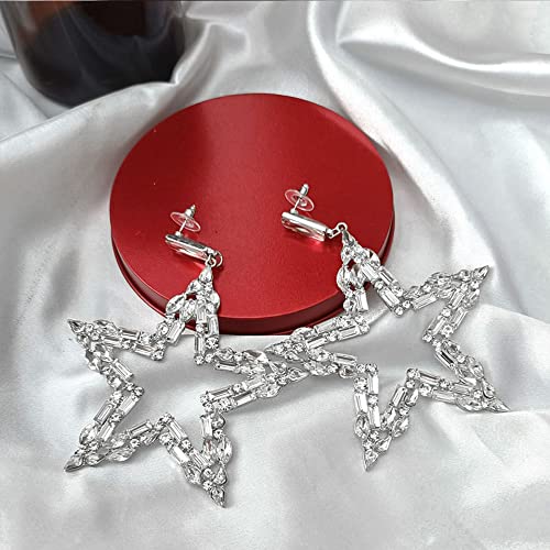 Rhinestone Big Star Sparkly CZ Statement Dangle Earrings 925 Sterling Silver Post Stud Exaggerate Crystal Stars Fashion Lightweight Trendy Dangling Hypoallergenic Festival Christmas Wedding Birthday Party Jewelry Dainty Gifts for Friends Fans3