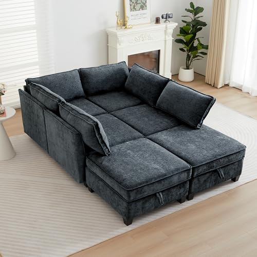 Image of ORRD Sleeper Modular Sectional Sofa Set, Convertible Couch Bed with Storage, 6 Seater and 4 Armrestes Sofa Modular for Living Room, Office (Blue Grey)