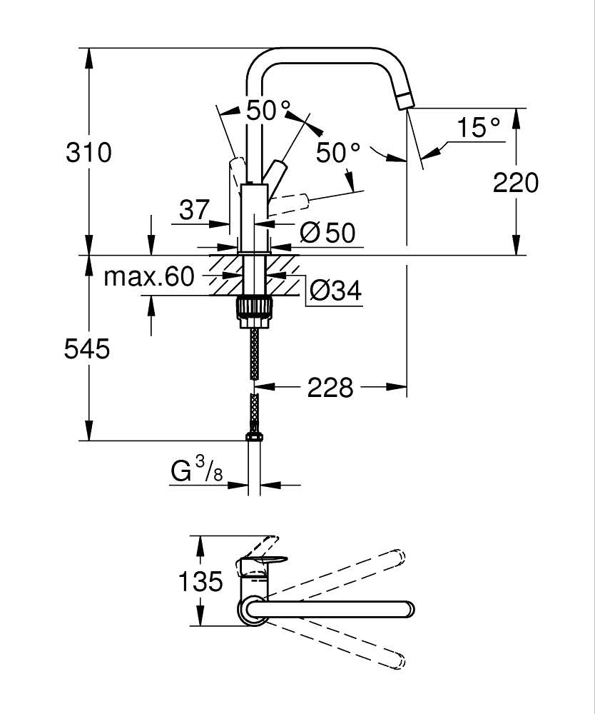 GROHE Start QuickFix, Grifo de cocina (caño alto en U, giro de 150º, menor consumo de agua, sistema de instalación rápida), cromo, 30470000