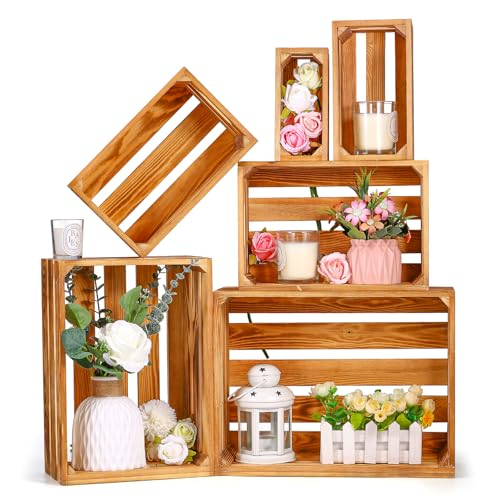 BOBOKA Set of 6 Decorative Wood Crates Nesting Storage Container, 6 Size Farmhouse Decorative Wooden Storage Boxes, Rustic Wooden Crates for Storage, Display, Christmas Decorations