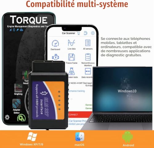 Scanner OBD2 ELM327 Bluetooth Diagnostic Moteur Essence iOS Android Windows – vue 4